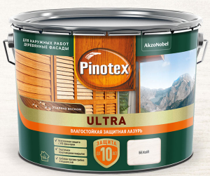 Влагостойкая лазурь с воском Pinotex Ultra белая 9 л Pinotex Влагостойкая лазурь с воском Pinotex Ultra белая 9 л Pinotex
